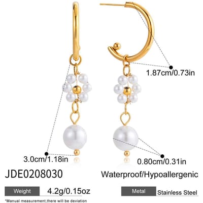 Boucles d'oreilles pendantes Fleur Perle Imitation Élégantes Youthway Pour Femmes Acier Inoxydable Plaqué Or Boucles d'oreilles Bijoux Simples et Mode white