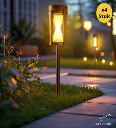 Lexorion Soluna Solar Tuinverlichting - 4 Stuks - Zandlopervorm - Warm Wit Licht - IP44 Waterdicht - Auto Aan/Uit - Energiebesparende Buitenlampen voor Tuin, Pad & Terras