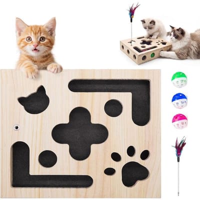 KZQ Krabbel - en Puzzelbox voor Katten - Interactieve krabbeldooolhof voor katten - Binnenspeelgoed voor katten - Inclusief kattentweeter - 3 belletjes(Willekeurige Kleur) - Natuurlijke pootverzorging - Hout