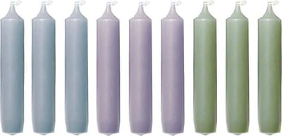 Cactula korte dinerkaarsen - 9 stuks in 3 kleuren | Swoosh| Stone / Misty Lilac / Eucalyptus- 2,1 x 12 cm - Brandtijd 5 uur