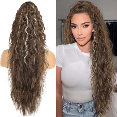Vrouwen Ponytail Haarstuk met Lange Golvende Krullen en Vlecht - 75 cm Bruin met Blonde Highlights, Clip-in Haarextensions voor een Volumineuze Look