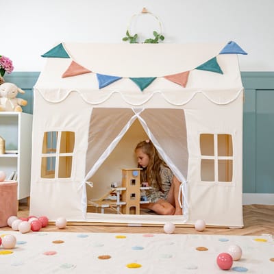 KiddyMoon Speelhuis Kindertent Met 200 Ballen Voor Kinderen Kinderhuis Opvouwbaar Ontwerp KiddyMoon Speeltent Indoor Creativiteit Kindertent Voor Binnen En Buiten Kinderkamer, Natuurlijke Kleur:Pastel Beige/Pastelgeel/Wit/Mint/Poederroze