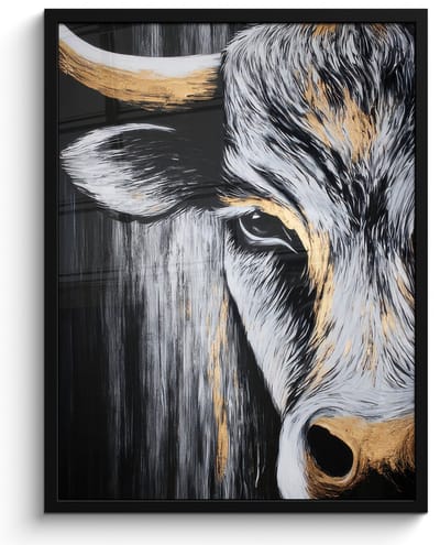 Poster in lijst - Fotolijst 50x70 cm - Posters - Stier - Hoorns - Snuit - Goud - Posterlijst zwart - Decoratie - Wanddecoratie woonkamer - Muurdecoratie slaapkamer