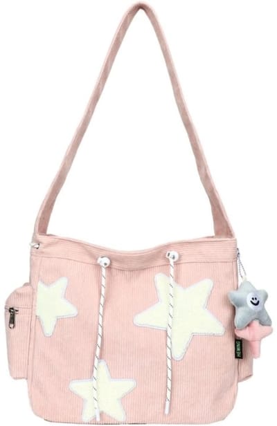 QTTVBTNA – 1 Stuk Schouder Tas - Handtas - Corduroy - Sterren Design - Met Trekkoord - Grote Capaciteit - Crossbody Tas - Shopper Tote Bag - Voor Werk School Reizen Winkelen en Dagelijks Gebruik - Lichtgewicht Duurzaam - Roze