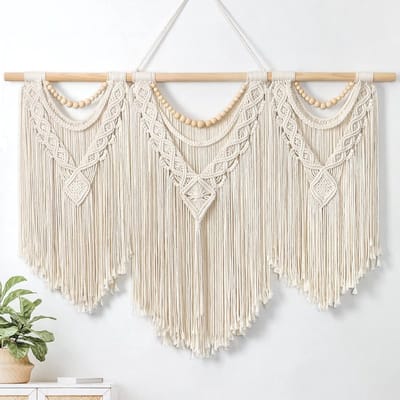 Macramé wandtapijt, groot, boho, geweven wandtapijt, bladeren, kwast, Boheems tapijt, katoenen touw, macramé, wanddecoratie voor slaapkamer, woonkamer, achtergrond (houten kralen)