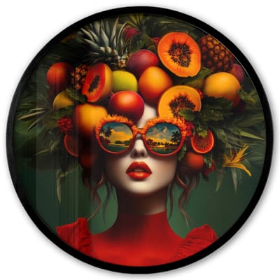 Poster in lijst Rond - Fotolijst 40x40 cm - Posters - Vrouw - Vruchten - Papaja - Ananas - Ronde posterlijst zwart - Decoratie - Wanddecoratie woonkamer - Muurdecoratie slaapkamer