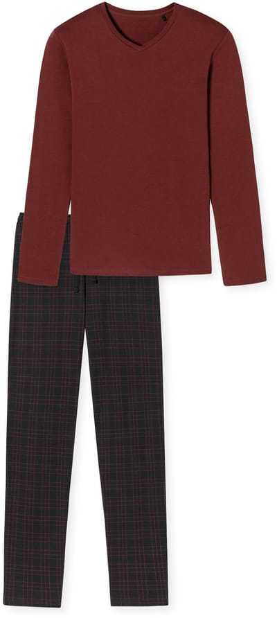 SCHIESSER Fine Interlock pyjamaset - heren pyjama lang interlock V-hals geruit terracotta