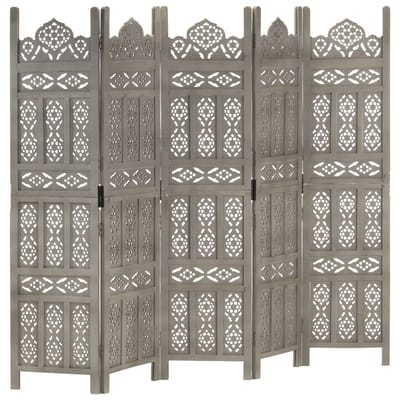 vidaXL - Kamerscherm - 5 - panelen - handgesneden - 200x165 - cm - mangohout - grijs