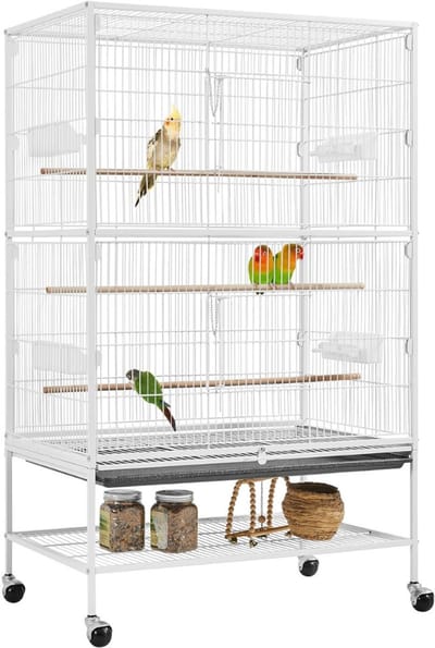 Yaheetech Vogelvolière grote vogelkooi met 2 deuren Vogelhuis met houten stokken en 4 wieltjes met vuilbak 52 x 79 x 132 cm