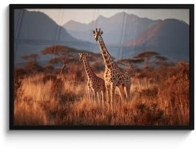 Poster in lijst - Fotolijst 90x60 cm - Posters - Giraffen - Hoog gras - Acaciabomen - Posterlijst zwart - Decoratie - Wanddecoratie woonkamer - Muurdecoratie slaapkamer