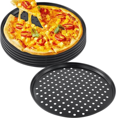 Pizzapan: set van 6 ronde platen met gaten, 32 cm - Geperforeerde pizza-ovenschaal voor restaurants - Zwart, ideaal voor keukenoven - Pizza maken met gemak
