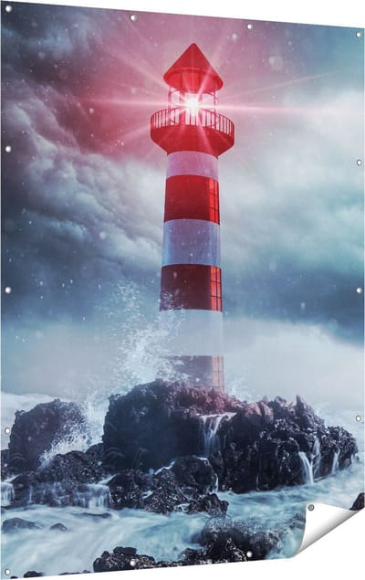 Gards Tuinposter Vuurtoren tijdens een Storm - 120x160 cm - Tuindoek - Tuindecoratie - Wanddecoratie buiten - Tuinschilderij