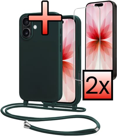 Hoes Geschikt voor iPhone 17 Met Telefoonkoord Met 2x Screenprotector - Siliconen Hoesje Backcover Met Ketting - Donkergroen