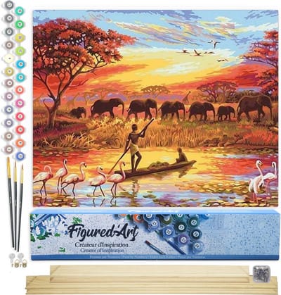 Figured'Art Schilderen op Nummer Volwassenen canvas Zonsondergang met olifanten - Handwerk acrylverf Kit DIY Compleet - 40x50cm met DIY houten lijst