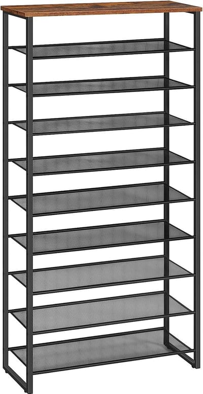 Homesy Schoenenrek met 10 niveaus, smal schoenenkast, schoen organisator voor 32-40 paar schoenen, metaal, voor hal, woonkamer, vintage bruin-zwart