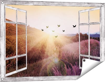 Gards Tuinposter Doorkijk Silhouet Zwerm Vogels bij Zonsondergang - 90x60 cm - Tuindoek - Tuindecoratie - Wanddecoratie buiten - Tuinschilderij