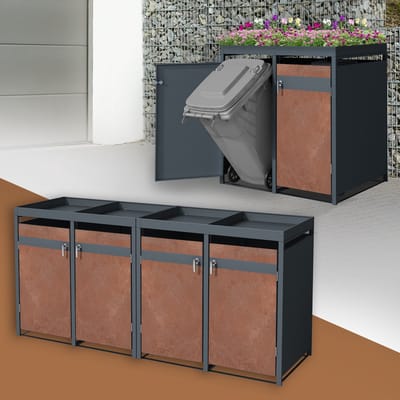 Klikoombouw, Container ombouw met groendak voor 4 containers tot 240 l, 264 x 80 x 124 cm, van staal met roestlook ML-Design