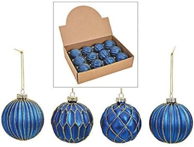 Famanu – Luxe glazen kerstballen set van 12 stuks - Ø 8 cm - hoogwaardige kerstboomdecoratie in blauwe en gouden tinten - perfect voor feestelijke kerstversiering thuis of op kantoor - duurzaam en elegant design