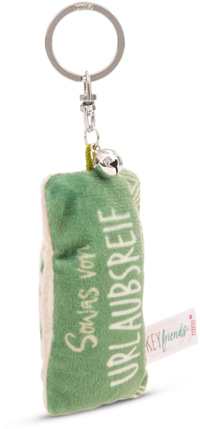 Sleutelhanger mini pluche kussen "Sowas von Urlaubreif" 8cm met bel