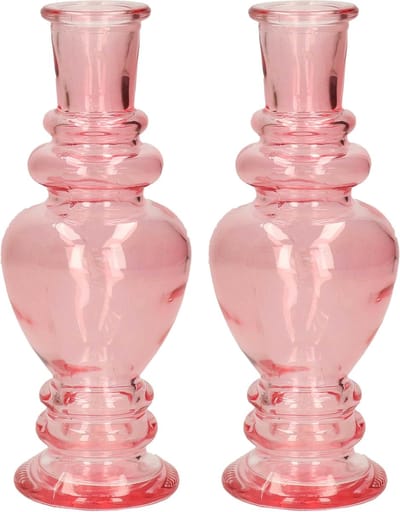 Ideas 4 Seasons Bloemenvaas Venice - 2x - voor kleine stelen/boeketten - gekleurd sierglas - helder roze - D5.7 x H15 cm
