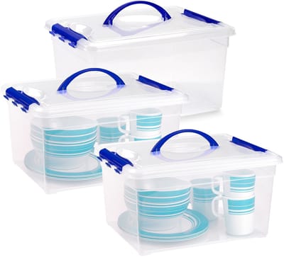 Plasticforte Opslagbox - 3x - met deksel - transparant blauw - 12 liter - 34 x 27 x 18 cm - kunststof - opbergdoos - opbergen