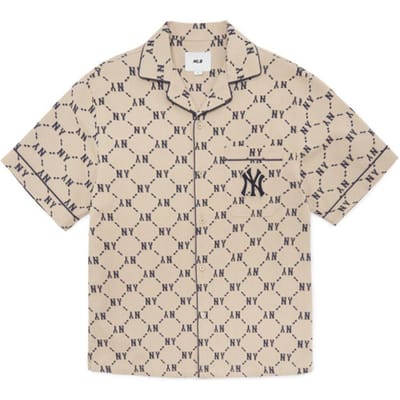 MLB New York Yankees Basis Logo Jacquard Diamantpatroon Losse Pasvorm Enkele Rij Knopen Casual Korte Mouw Shirt Unisex Shirts Beige 3AWSM0223-50BGS XS beige