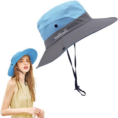 Dailygoods- Zonnehoed Dames - Opvouwbare Emmerhoed - Brede Rand UV-Bescherming - Mesh Paardenstaart Hoed - Visserspet voor Buiten - Eenheidsmaat - Vissershoed