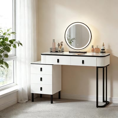MODFU Kaptafel - Dimbare Ledspiegel En 5 Laden - Modern - Met Verstelbare Zijkast - MDF Metaal Glas - Zwart/Wit - 100 x 40 x 125 cm