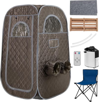 COSTWAY Draagbare stoomsauna, thuissauna voor 1-2 personen met 3 liter stoomgenerator, timer, afstandsbediening, voetmassageapparaat en klapstoel, saunatent zitsauna voor thuis, 89 x 89 x 149 cm
