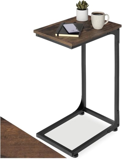 C-vormige bijzettafel - Industriële tafel - Bank laptophouder - Asymmetrisch frame - 40 x 30 x 63 cm - Donkerbruin hout