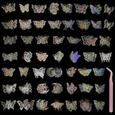 Dailygoods- Vlinderstickers 100 stuks - Holografische Decoratieve Stickers - Waterdicht - Transparante PET Stickers - Inclusief Roze Pincet - 50 Verschillende Patronen - Decoratiestickers