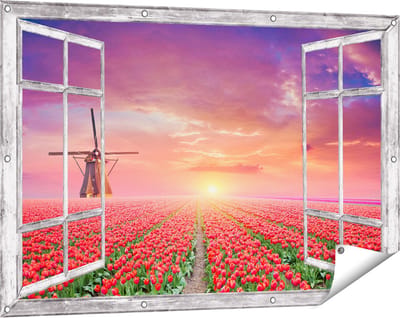 Gards Tuinposter Doorkijk Rode Rozen Bloemenveld met een Windmolen - 120x80 cm - Tuindoek - Tuindecoratie - Wanddecoratie buiten - Tuinschilderij
