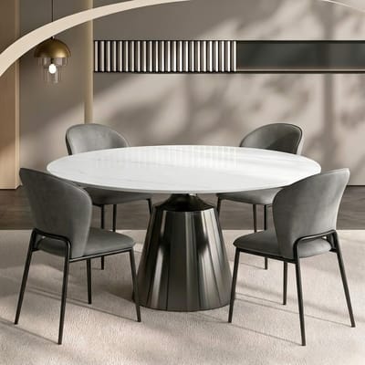 Eetkamerset - Ronde Keramische Eettafel Ø 150 cm met 4 Stoelen - Marmerlook Sneeuwwit - Geschikt voor 4 tot 6 Personen - Microvezel Leder - 316L Koolstofstaal - Modern Design