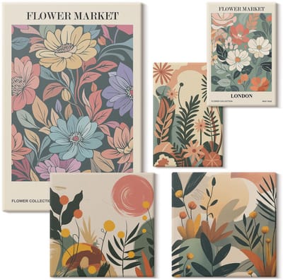 Wallfluent Set van canvas schilderijen - Bloemmotieven van de markten van Parijs en Londen Canvas Schilderijen Set - Set van 5 Canvas Schilderijen - Veelkleurig Set van Canvas Prints - Natuur Canvas Kunst Set - Boheemse Canvas Kunst Set