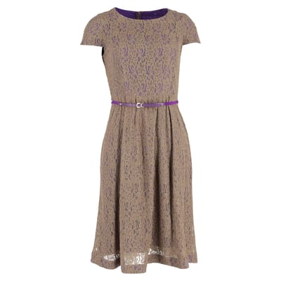 Max Mara Ceintuur Midi-jurk van Kanten in Bruin Polyester