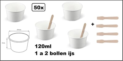 50x IJsbeker wit 120ml karton met 50x IJslepel hout - 1 a 2 bollen - IJs beker - Party schepijs softijs ijsje zomer festival thema feest
