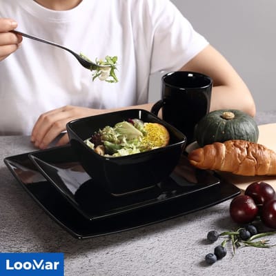 LooMar Serviesset – 32 delig – 8 persoons –Porselein - Luxe – Bordenset – Dinner platen – Dessertborden - Kommen - Mokken - Set - Zwart