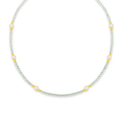 8CN-26485 – CO88 collection Kralenketting Prehniet & Shellparel – Goudkleurig – Dames Ketting