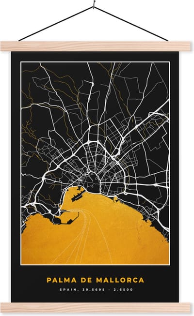 Posterhanger incl. Poster 40x60 cm - Schoolplaat - Mallorca - Stadskaart - Goud - Plattegrond - Kaart - Textielposter - Blanke latten - Stadskaart