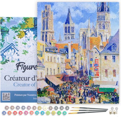 Figured'Art Schilderen op Nummer Volwassenen met lijst - Rue de l'Épicerie, Rouen - Camille Pissarro - Handwerk acrylverf Kit DIY Compleet - 40x50cm Canvas al ingelijst