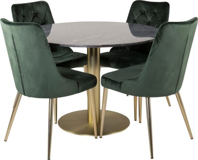 EstelleØ106BLBR eethoek eetkamertafel zwart, marmer en 4 Velvet Deluxe eetkamerstal velours groente, messing decor.