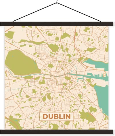 Posterhanger incl. Poster 60x60 cm - Schoolplaat - Dublin - Stadskaart - Vintage - Plattegrond - Kaart - Textielposter - Zwarte latten - Stadskaart
