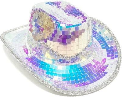 KIMU® Cowboyhoed Spiegeltjes Blauw Parelmoer Paars Roze Iridescent - Disco Cowboy Hoed Spiegelbol Discobol Spiegelbal Discobal - Glitter Cowgirl Western Rodeo Spiegel Festival