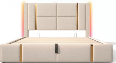 Gotagee Gestoffeerd bed tweepersoonsbed USB Type C oplaadfunctie APP-bediening LED 160×200 opbergbedden bedframe, houten lattenbodem, beige linnen materiaal (zonder matras)