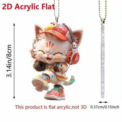 Charmante Acryl Platte 2D Gitaar Kat Auto Spiegel Ornament - Huis- en Voertuigdecoratie Schooltas Hanger