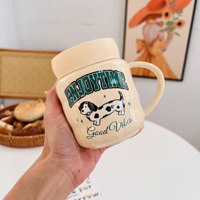 Tasse Céramique Chat Noir Dessin Animé avec Couvercle Tasse Mignonne Ensemble Maison Petit Cadeau Bureau Tasse à Eau Tasse Filles 400ML