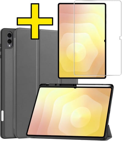Hoes - Geschikt voor Samsung Galaxy Tab S11 Ultra - Met Screenprotector - Trifold Bookcase - Hard Cover Case - Met Uitsparing Geschikt voor S Pen - Hardcover Book - Tablet Hoesje - Grijs