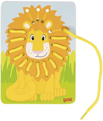 GOKI Rijgspel - Papegaai, Leeuw En Zebra - 12X16,5Cm - 3 Delen En 6 Koordjes - 3 Jaar
