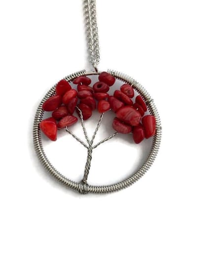 Petra's Sieradenwereld - Ketting levensboom / tree of life natuursteen rood (844)