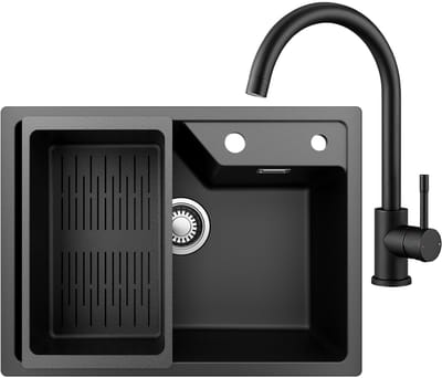 CECIPA Max Granieten Spoelbakken (65*45cm) Zwart - Spoelbak Keuken Met Keukenkraan - Wasbak Keuken Met Waterafvoersysteem en Wasbak Vergiet